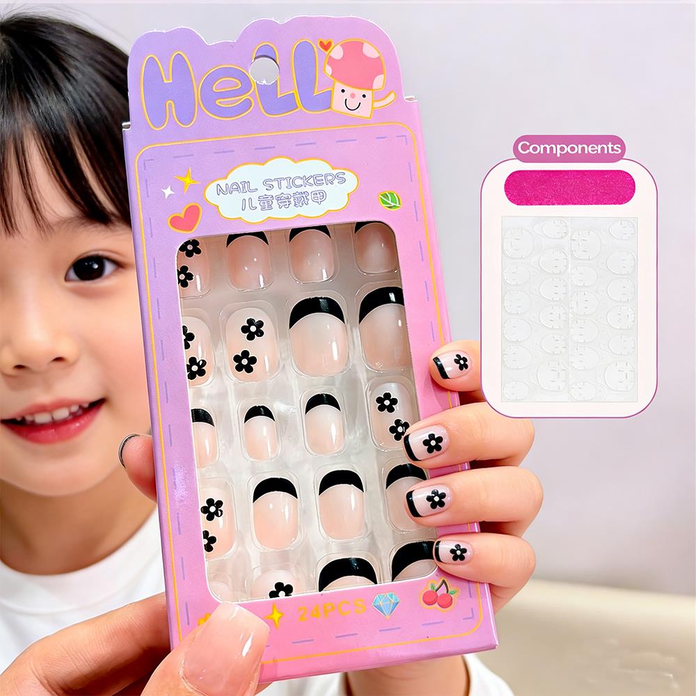 Nail Art Design - เล็บปลอมเด็กแบบกดติดลายการ์ตูน 24 ชิ้น/กล่อง ลายดอกไม้สีดำ ปลายเล็บแบบฝรั่งเศส ปิดเต็มเล็บ