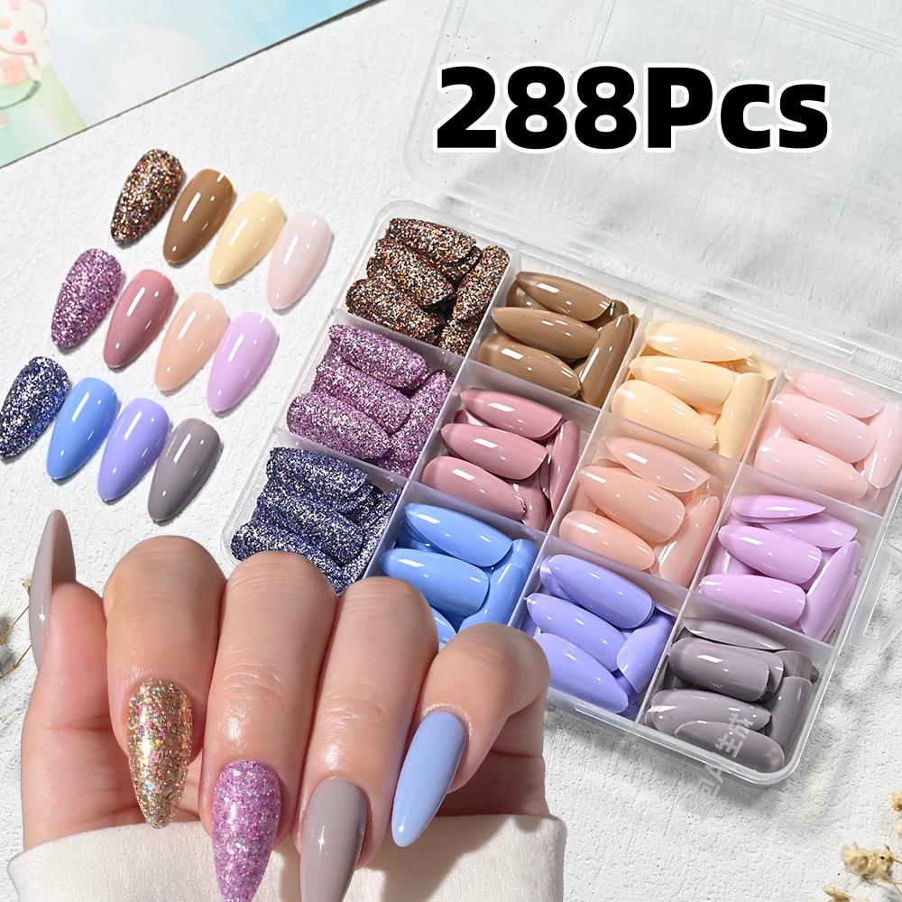 Nail Art Design - เล็บปลอมแบบกดติด 288 ชิ้น เงางาม รูปทรงอัลมอนด์ขนาดกลาง สีทองม่วง
