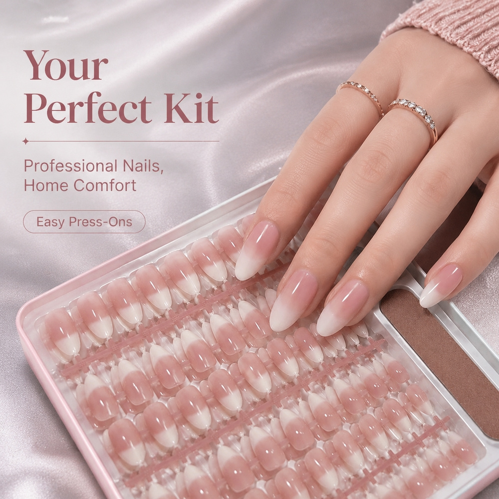 Nail Art Ombre Pink - เล็บปลอมแบบกดติด 150 ชิ้น สไตล์ฝรั่งเศสไล่เฉดสีชมพูนู้ด แบบเต็มเล็บ สำหรับตกแต่งเล็บผู้หญิง