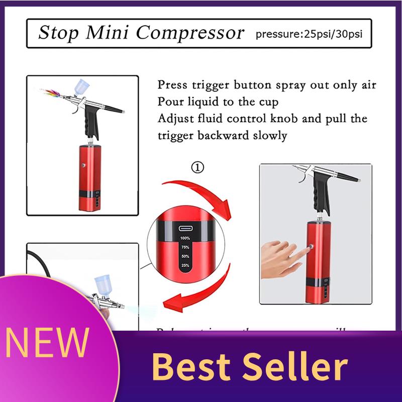 Nail Art Brush Set - ABLU-ชุดแอร์บรัชไร้สายพร้อมแปรงลมแรงดันคอมเพรสเซอร์สําหรับทาสี, เล็บ, เค้ก, ช่างทําผม