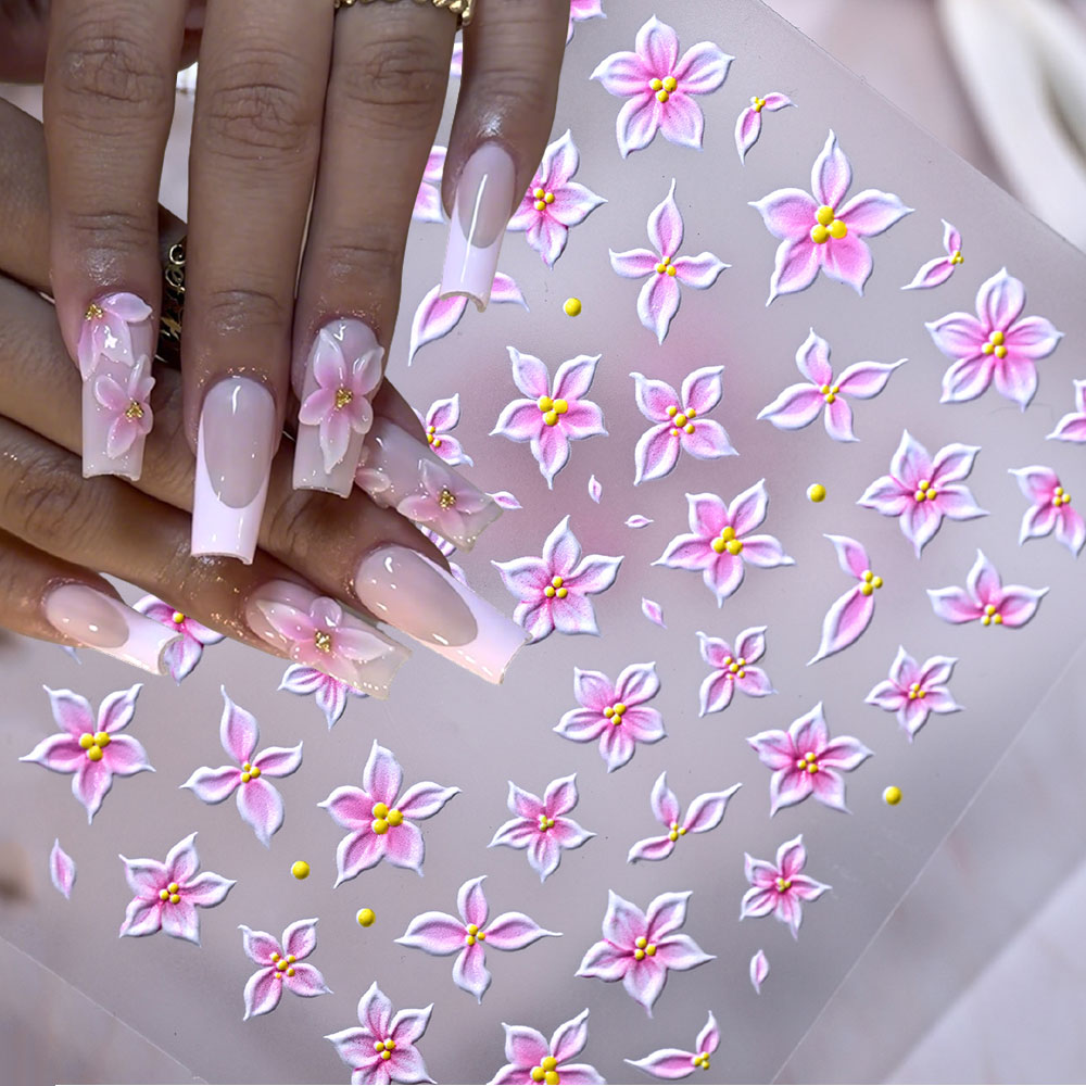 Nail Art Ombre Pink - สติ๊กเกอร์ตกแต่งเล็บลายดอกลิลลี่สีชมพูแบบนูน 5D ขนาด 8*10 ซม. แบบมีกาวในตัว
