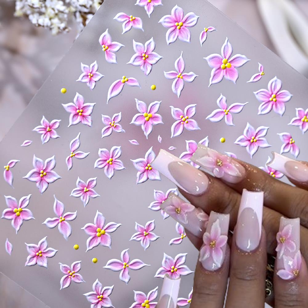 Nail Art Ombre Pink - สติกเกอร์ติดเล็บลายดอกลิลลี่สีชมพูแบบนูน 5 มิติ 1 ชิ้น ลายดอกไม้ห้ากลีบ