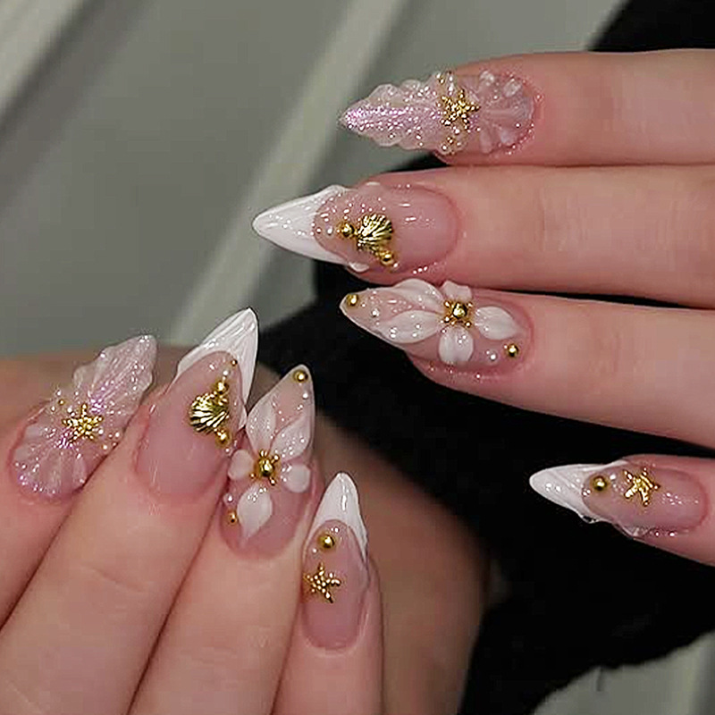 Nail Art Design - ชุดเล็บปลอมแบบกดติด 24 ชิ้น ลายดอกไม้สีชมพูหวาน ดีไซน์เปลือกหอยมุก พร้อมใช้งานซ้ำได้
