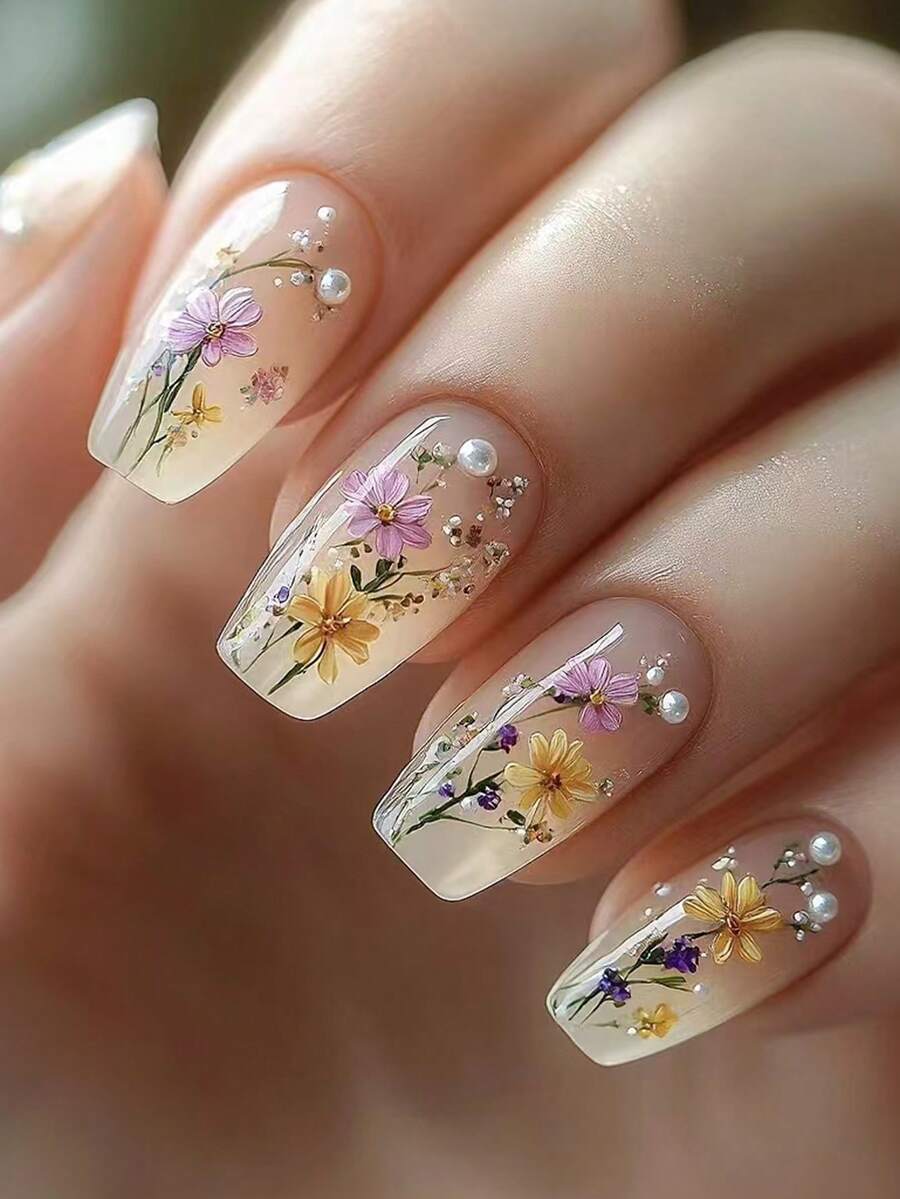 Nail Art Ombre Pink - 24 ชิ้น ชุดเล็บปลอมอะคริลิคทรงโลงศพ ประดับมุก สไตล์ Y2K