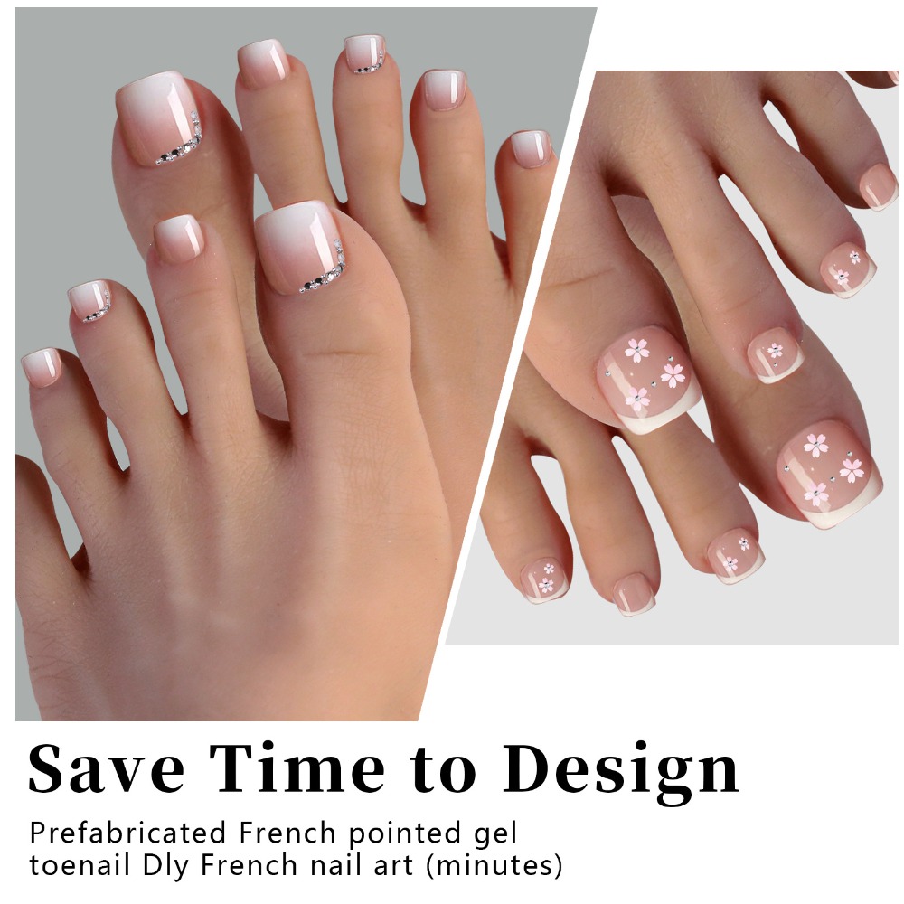 Nail Art Ombre Pink - เล็บปลอมสั้นทรงเหลี่ยมสำหรับนิ้วเท้า สีชมพูอ่อน 12 ขนาด พร้อมกาวติดเล็บ ลายไล่เฉดสี