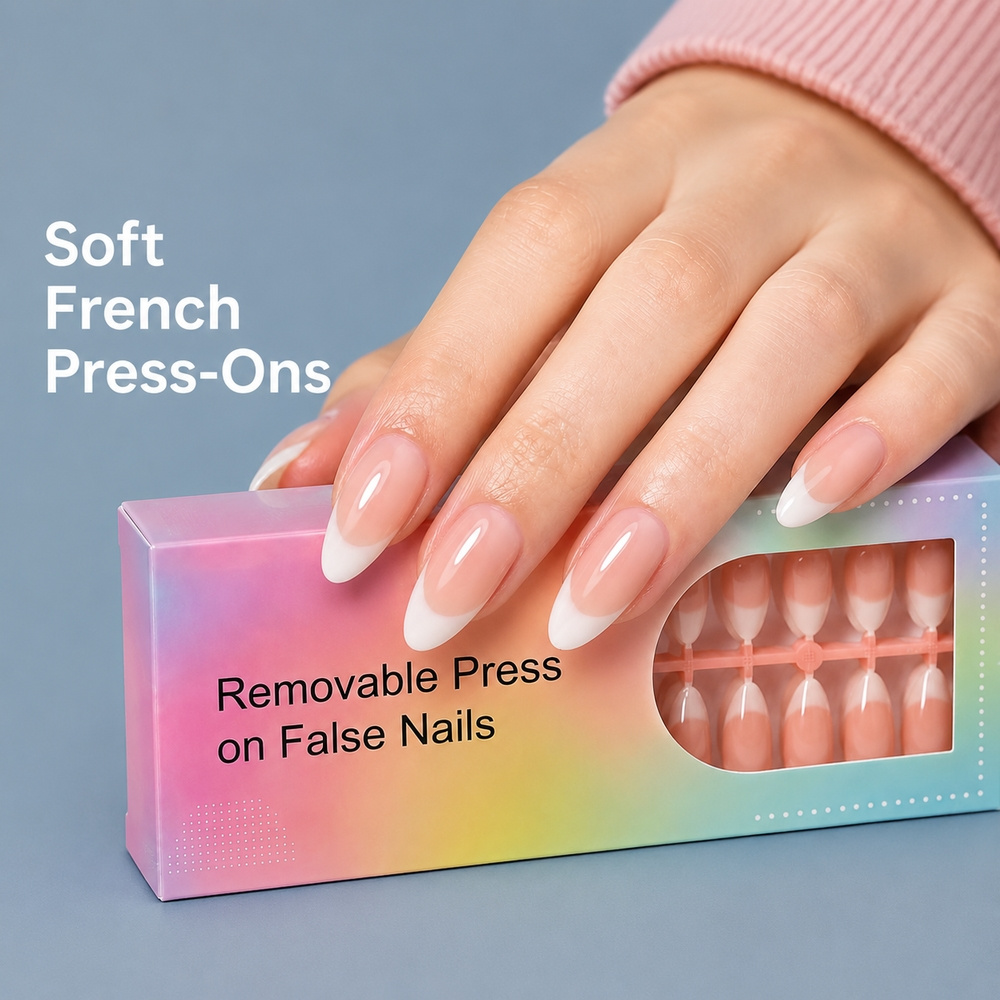 Nail Art Ombre Pink - 150 ชิ้น เล็บปลอมทรงอัลมอนด์แบบออมเบรฝรั่งเศสสุดอินเทรนด์ สีชมพูนู้ด เงางาม ปิดเต็มเล็บ