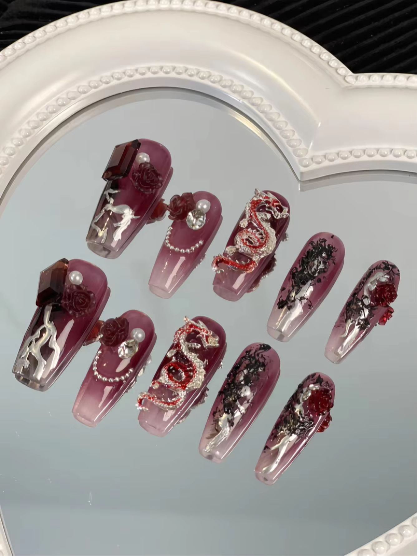 ชุดเล็บปลอมลายมังกรไล่สีชมพูม่ - Nail Art Design บทวิจารณ์และราคา
